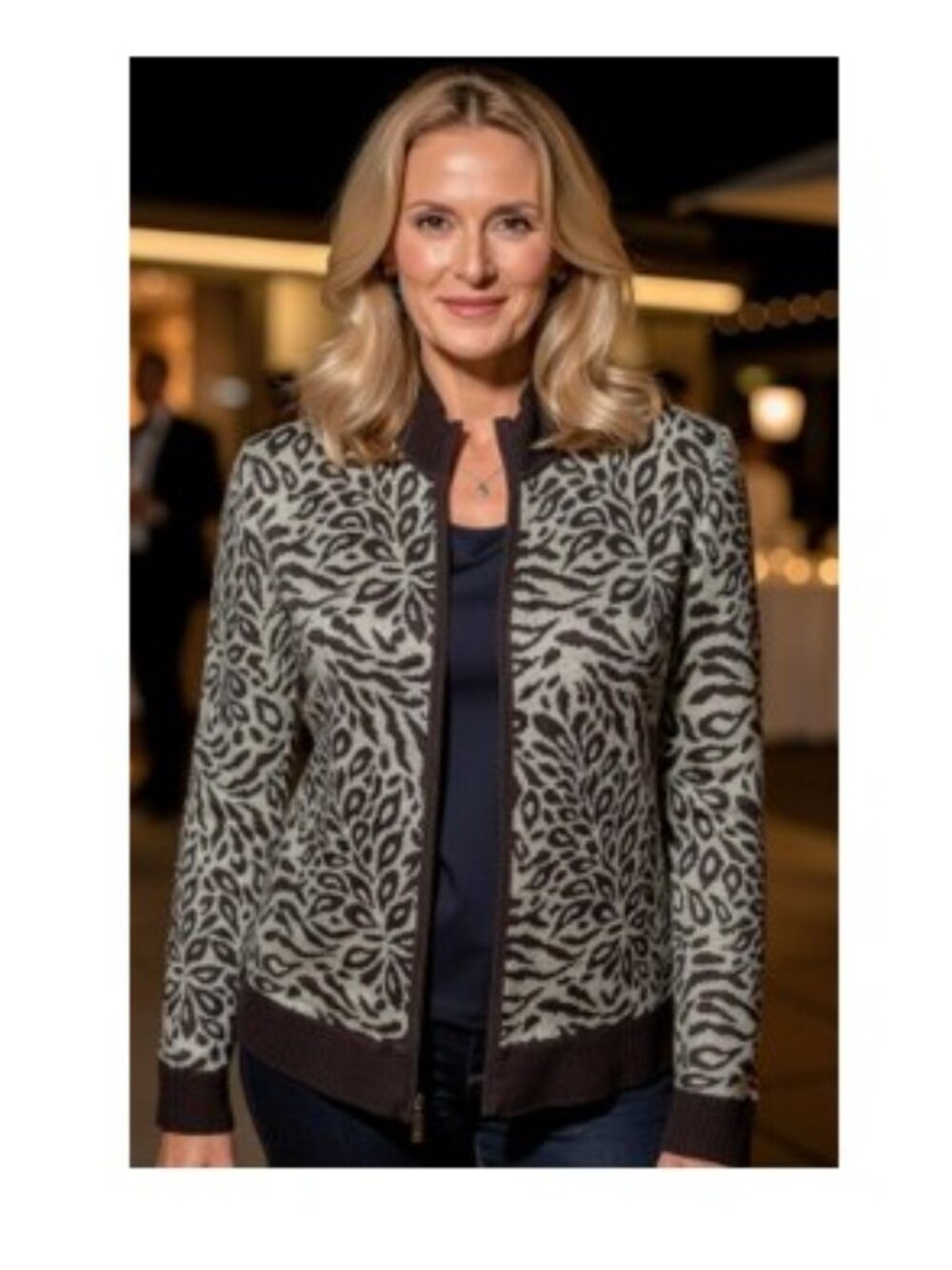 St. John Sport Animal Print Zip Cardigan Brown Cream Gold Thread Petite Like New